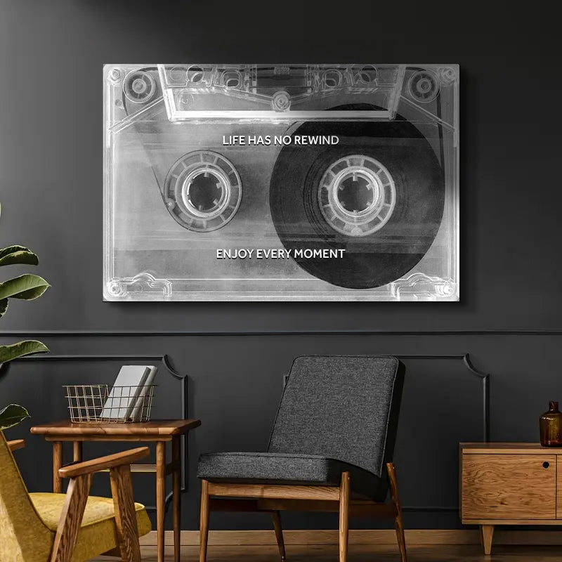 Enjoy Every Moment Motivational Wall Sign canvas grayscale cassette tape and white text on Tampa Home & Garden Store