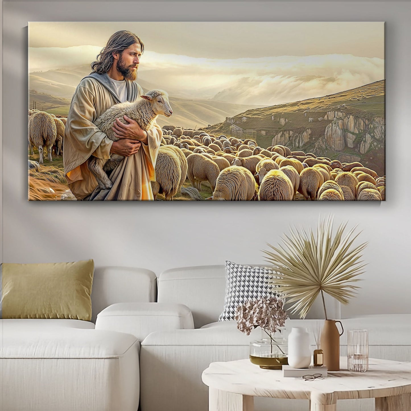 99 Faith Wall Art VIII canvas by Tailored Canvases, shepherd with lamb among a flock on Tampa Home & Garden Store