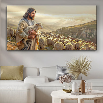 99 Faith Wall Art VIII canvas by Tailored Canvases, shepherd with lamb among a flock on Tampa Home & Garden Store