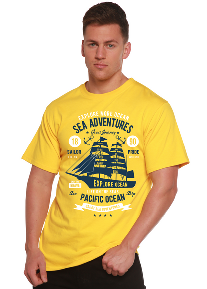 Sea Adventures Spun Bamboo men's short sleeve graphic tee yellow with navy ship print on Tampa Home & Garden Store