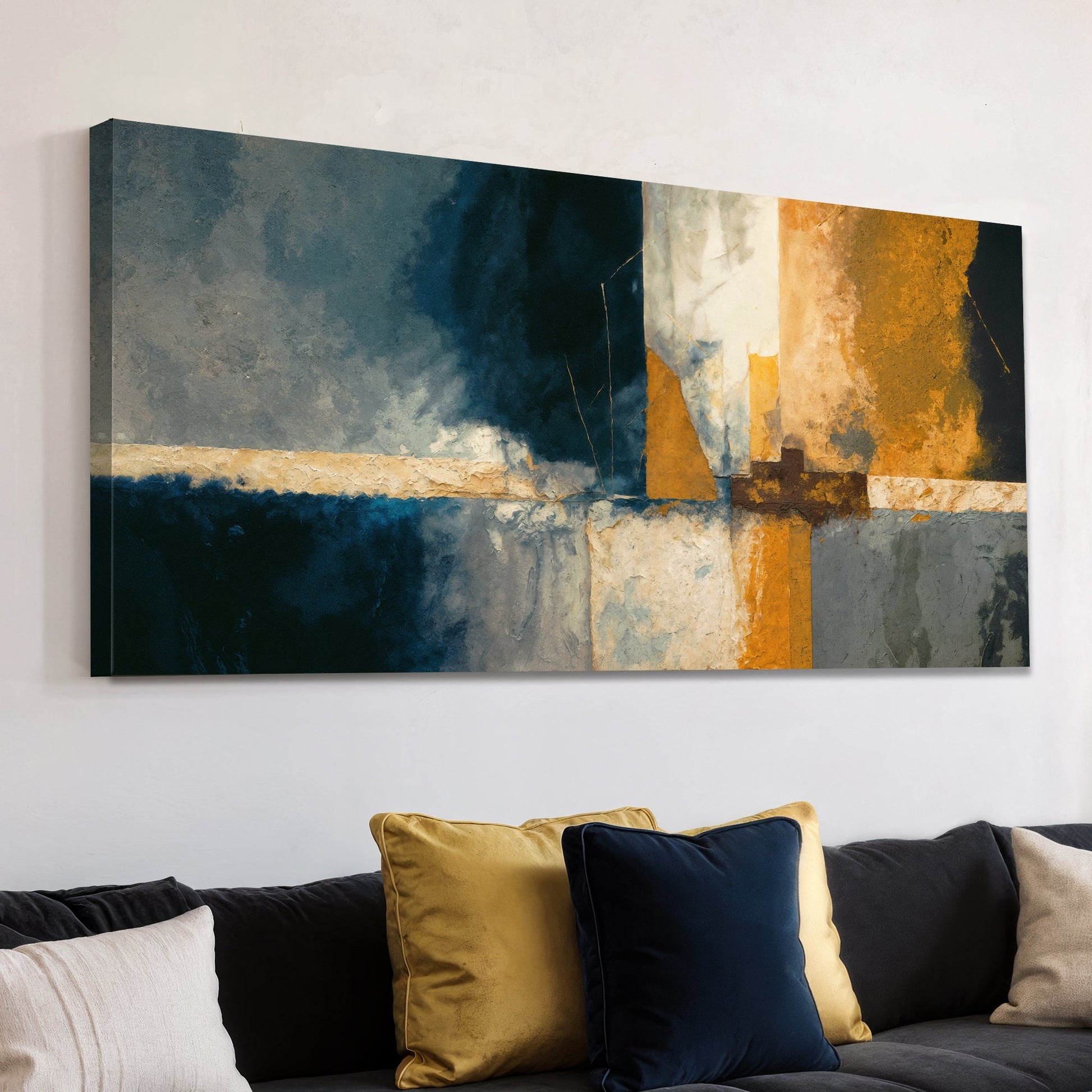 Abstract Geometric Lines Wall Art Canvas by Tailored Canvases in blue-gray, gold tones on Tampa Home & Garden Store