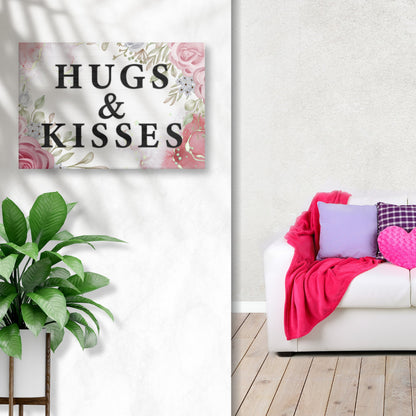 Valentine Saying Sign canvas; white background with HUGS & KISSES and pink floral border on Tampa Home & Garden Store