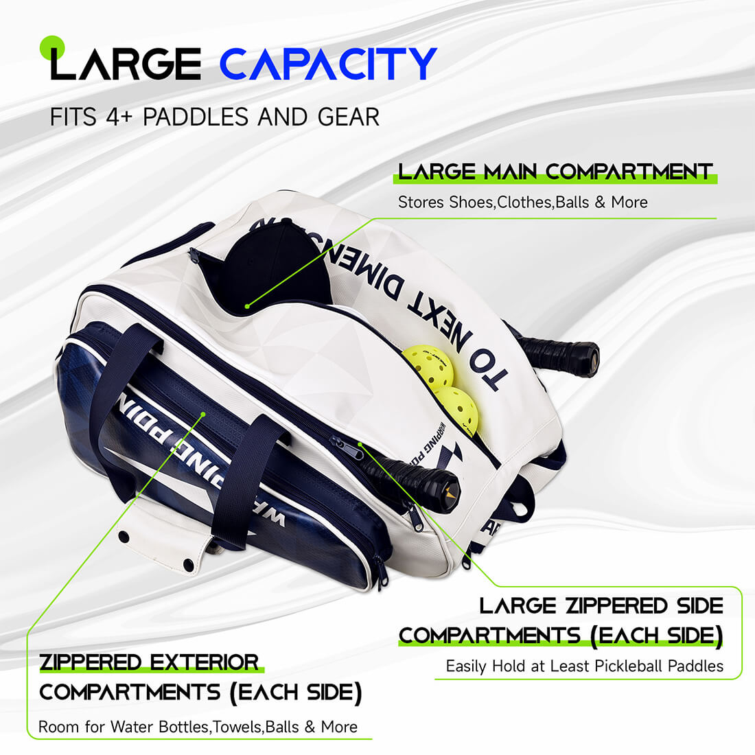 Pro Team Pickleball Bag by Warping Point white bag with navy accents and multiple pockets on Tampa Home & Garden Store
