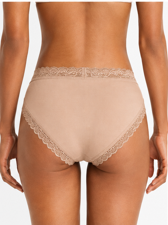 Net Positive Organic Lace Mid-rise Brief back view in nude beige, organic cotton lace trim on Tampa Home & Garden Store