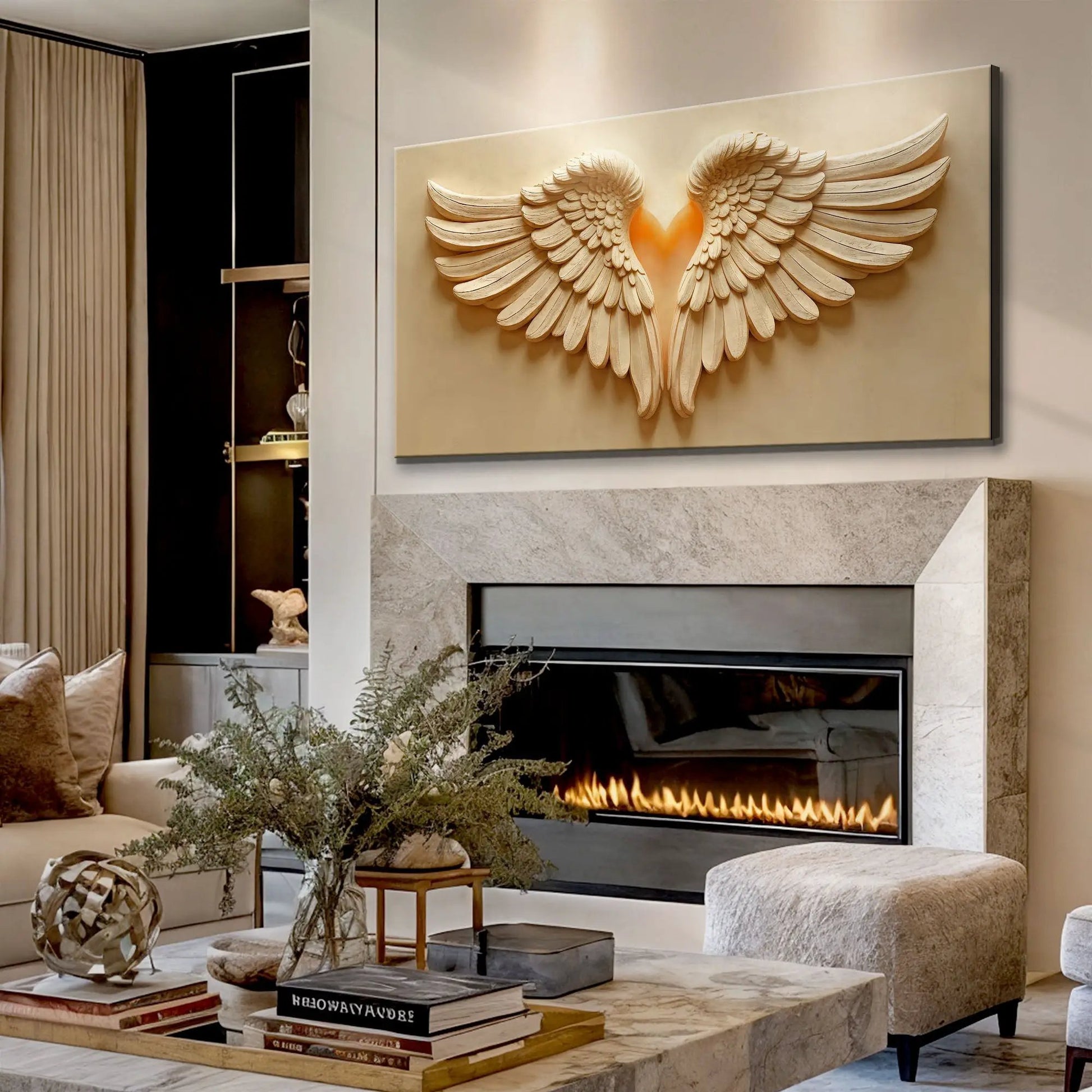 Wings Of Devotion Canvas wall art by Tailored Canvases; cream angel wings forming a heart on Tampa Home & Garden Store