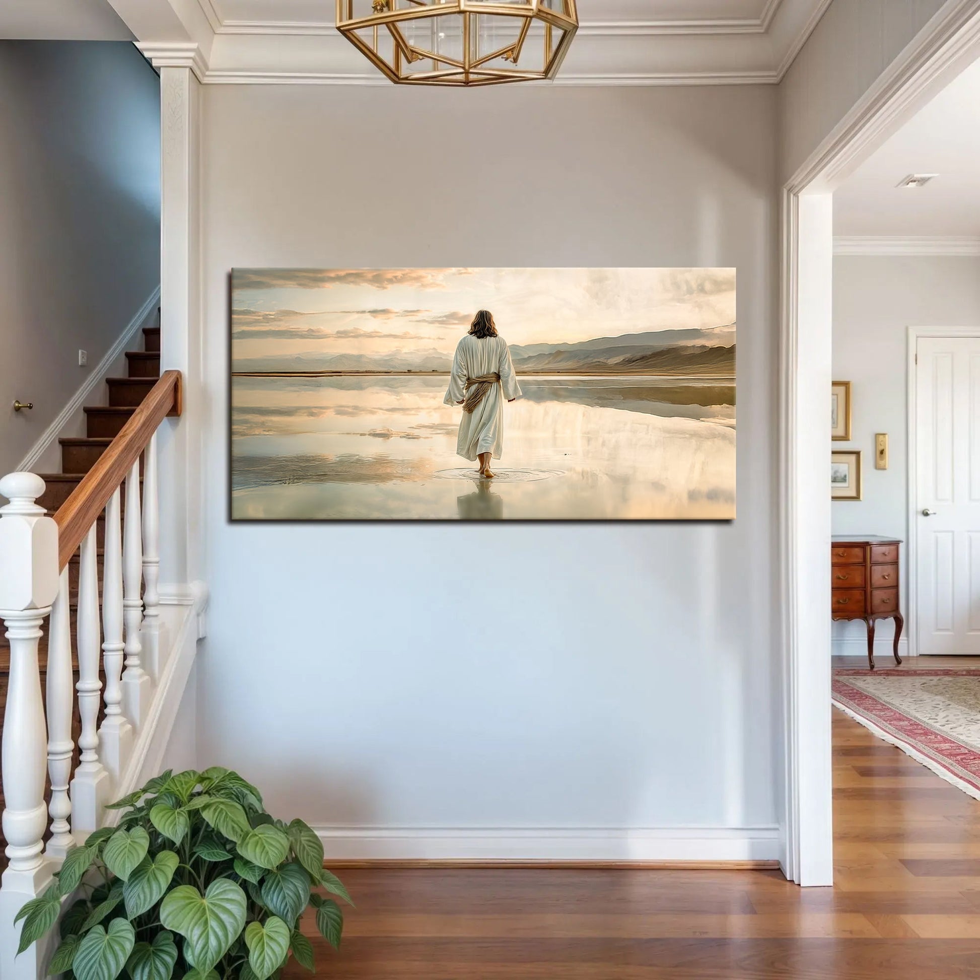 Reflections Faith Wall Art IX canvas, tranquil beach scene with a robed woman walking on water on Tampa Home & Garden Store