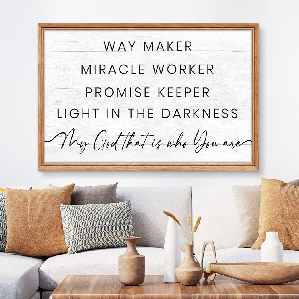 Wood-framed canvas sign with black My God Way Maker Miracle Worker Faith Sign on white on Tampa Home & Garden Store
