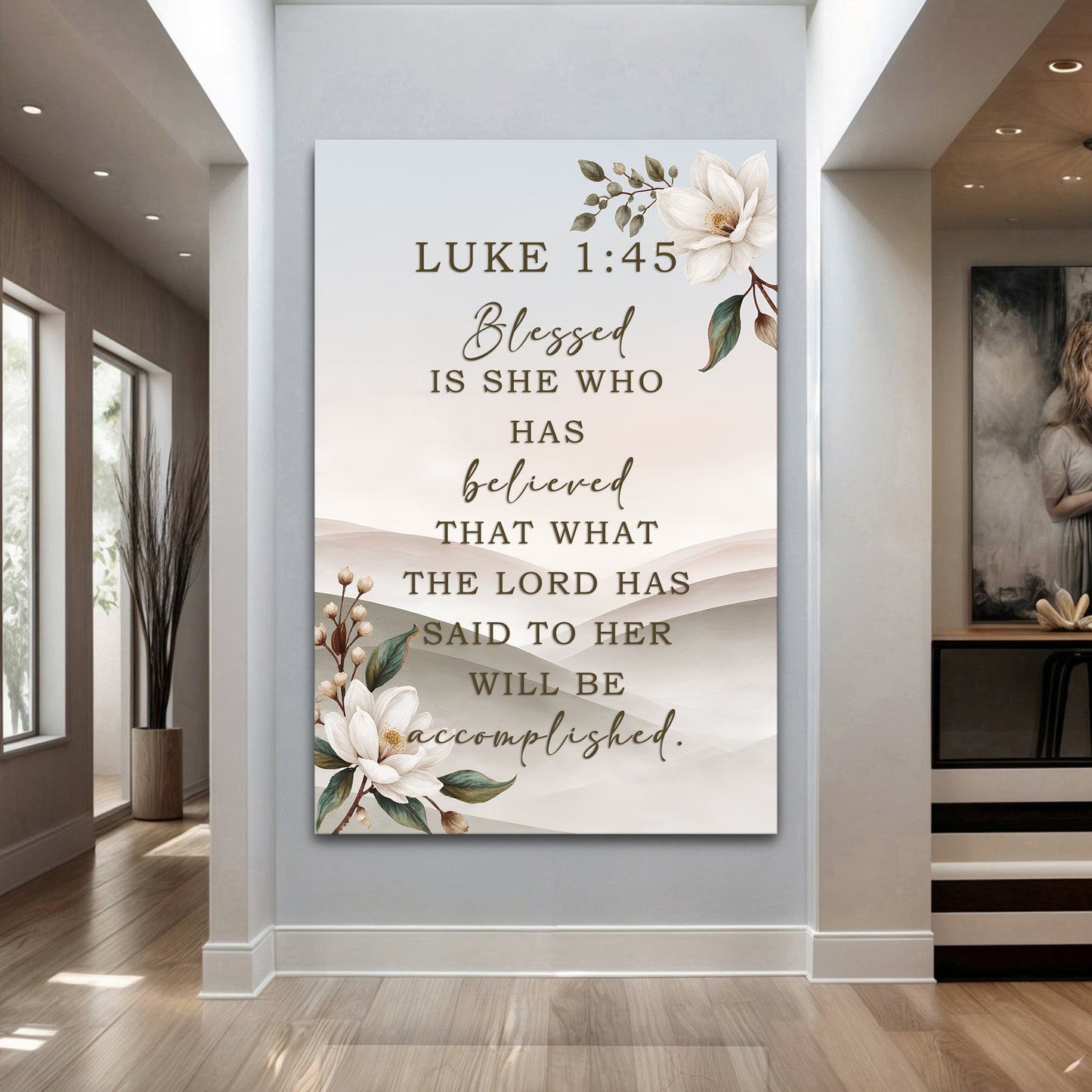 Canvas wall art Tailored Canvases Blessed Is She Who Has Believed Luke 1:45 with magnolias on Tampa Home & Garden Store