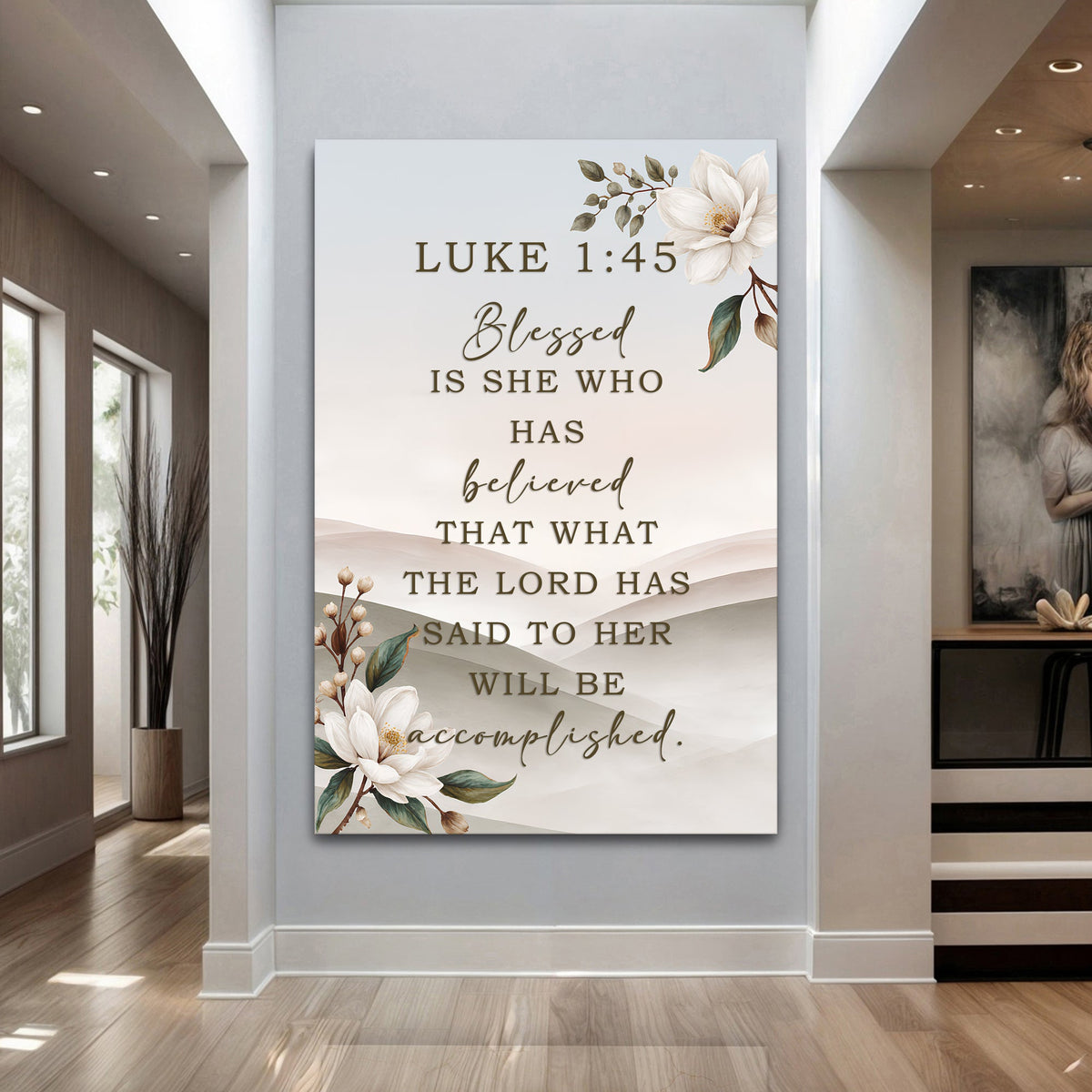 Canvas wall art Tailored Canvases Blessed Is She Who Has Believed Luke 1:45 with magnolias on Tampa Home & Garden Store