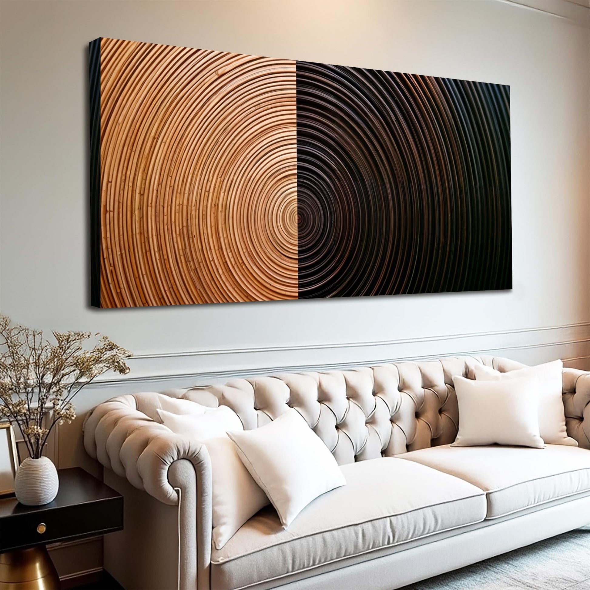 Modern Abstract Minimalist Wall Art XI canvas diptych with wood-toned left and dark right on Tampa Home & Garden Store