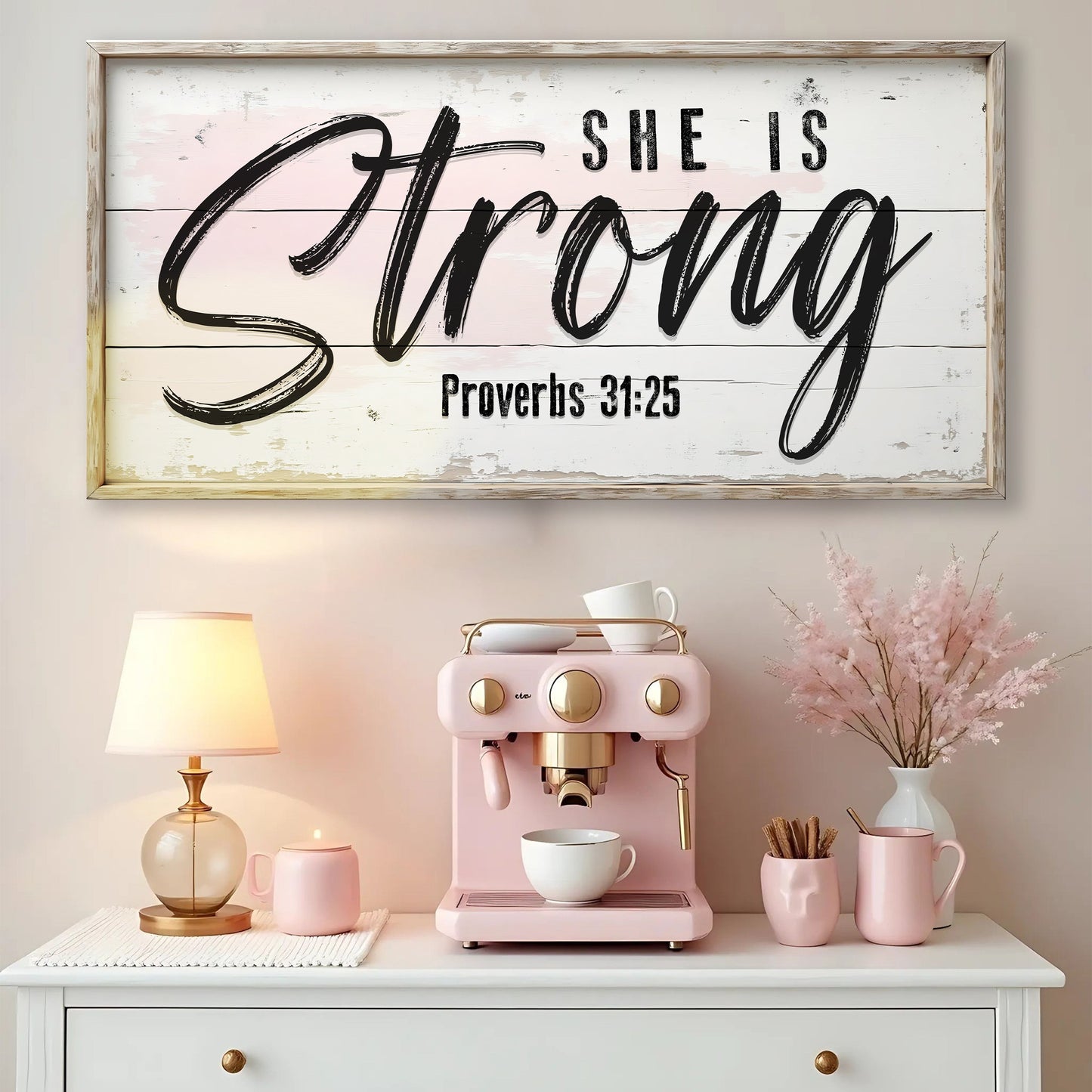 Canvas sign Tailored Canvases crafting She Is Strong Proverbs 31:25 with distressed background on Tampa Home & Garden Store