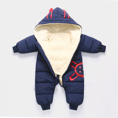 Baby jumpsuit snowsuit Stevvex navy blue with cream lining and hood red side patch on Tampa Home & Garden Store