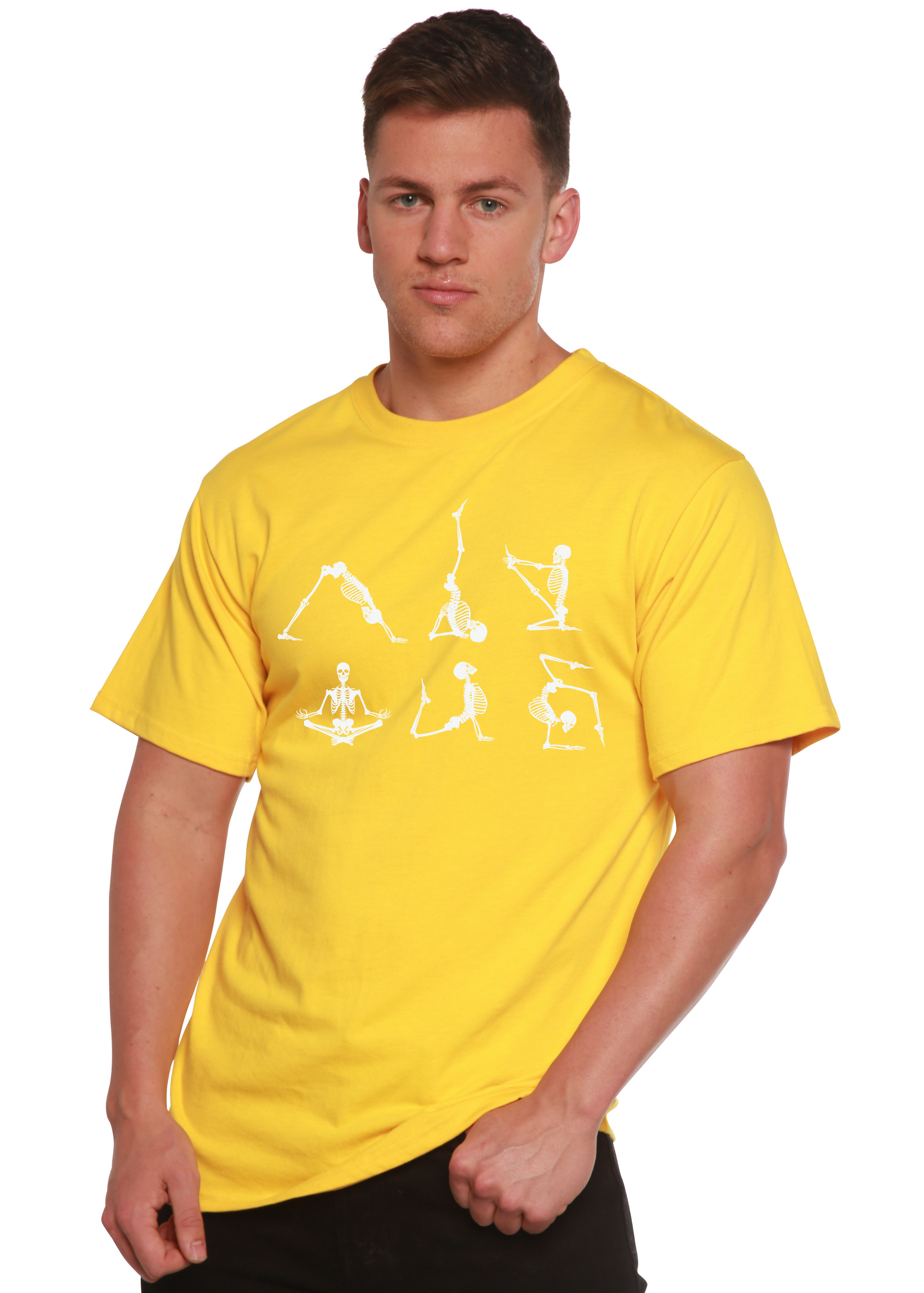 Mens yellow Halloween Skeleton Namaste Tee with skeleton graphics Spun Bamboo viscose cotton on Tampa Home & Garden Store