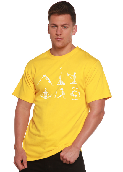 Mens yellow Halloween Skeleton Namaste Tee with skeleton graphics Spun Bamboo viscose cotton on Tampa Home & Garden Store