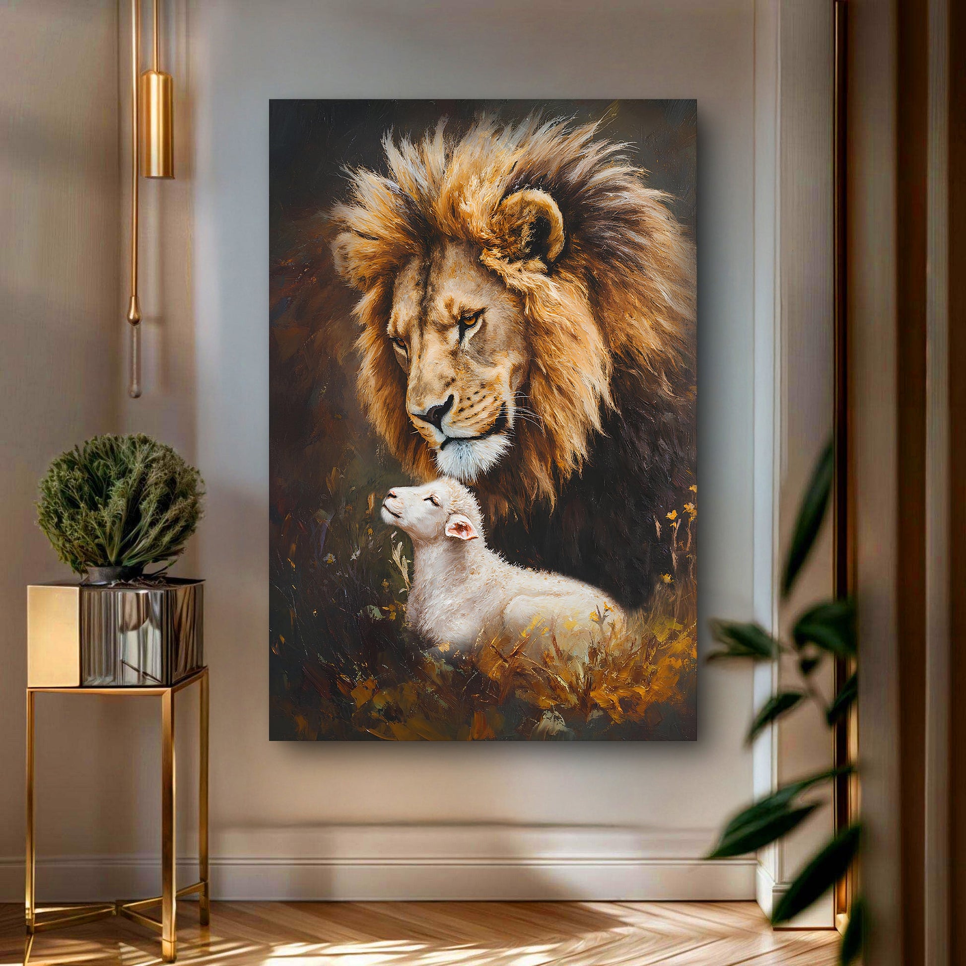Lion And Sheep Faith Wall Art Canvas by Tailored Canvases, warm lion and lamb scene on Tampa Home & Garden Store