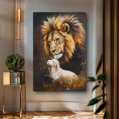 Lion And Sheep Faith Wall Art Canvas by Tailored Canvases, warm lion and lamb scene on Tampa Home & Garden Store