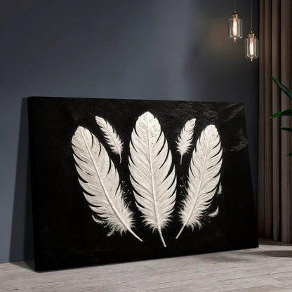 Minimalist monochrome feather wall art canvas with white feathers on black background, 1-panel on Tampa Home & Garden Store