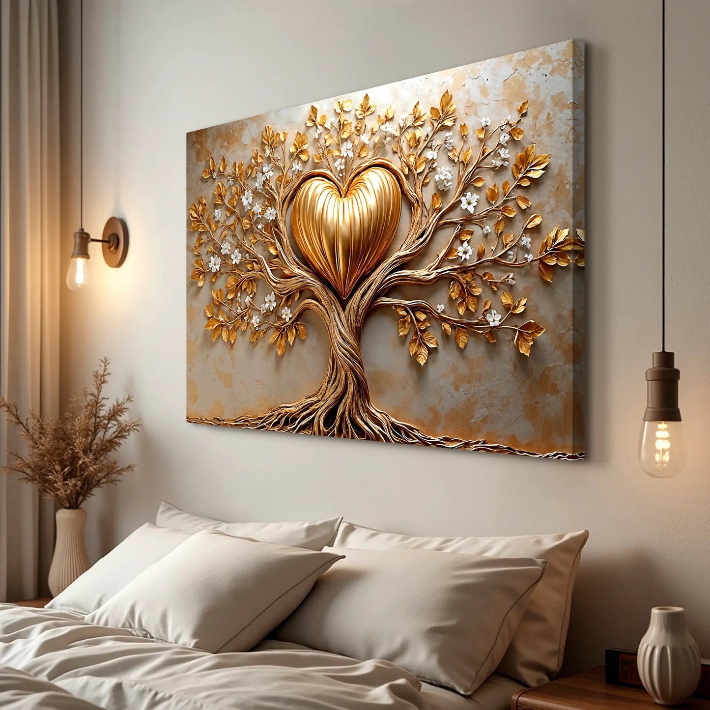 Golden Tree Heart Wall Art canvas with golden leaves on a textured beige background on Tampa Home & Garden Store