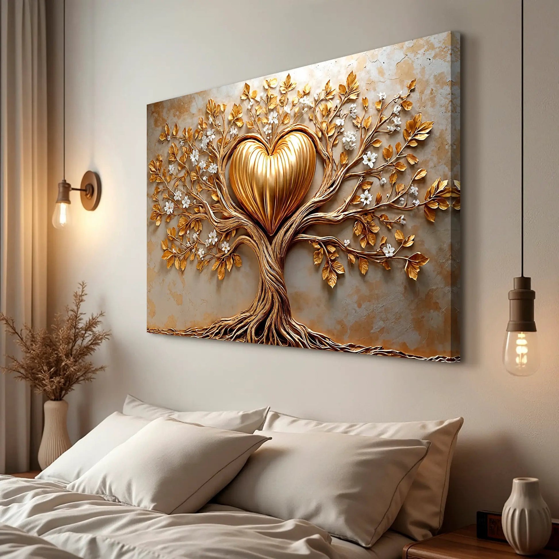 Golden Tree Heart Wall Art canvas with golden leaves on a textured beige background on Tampa Home & Garden Store