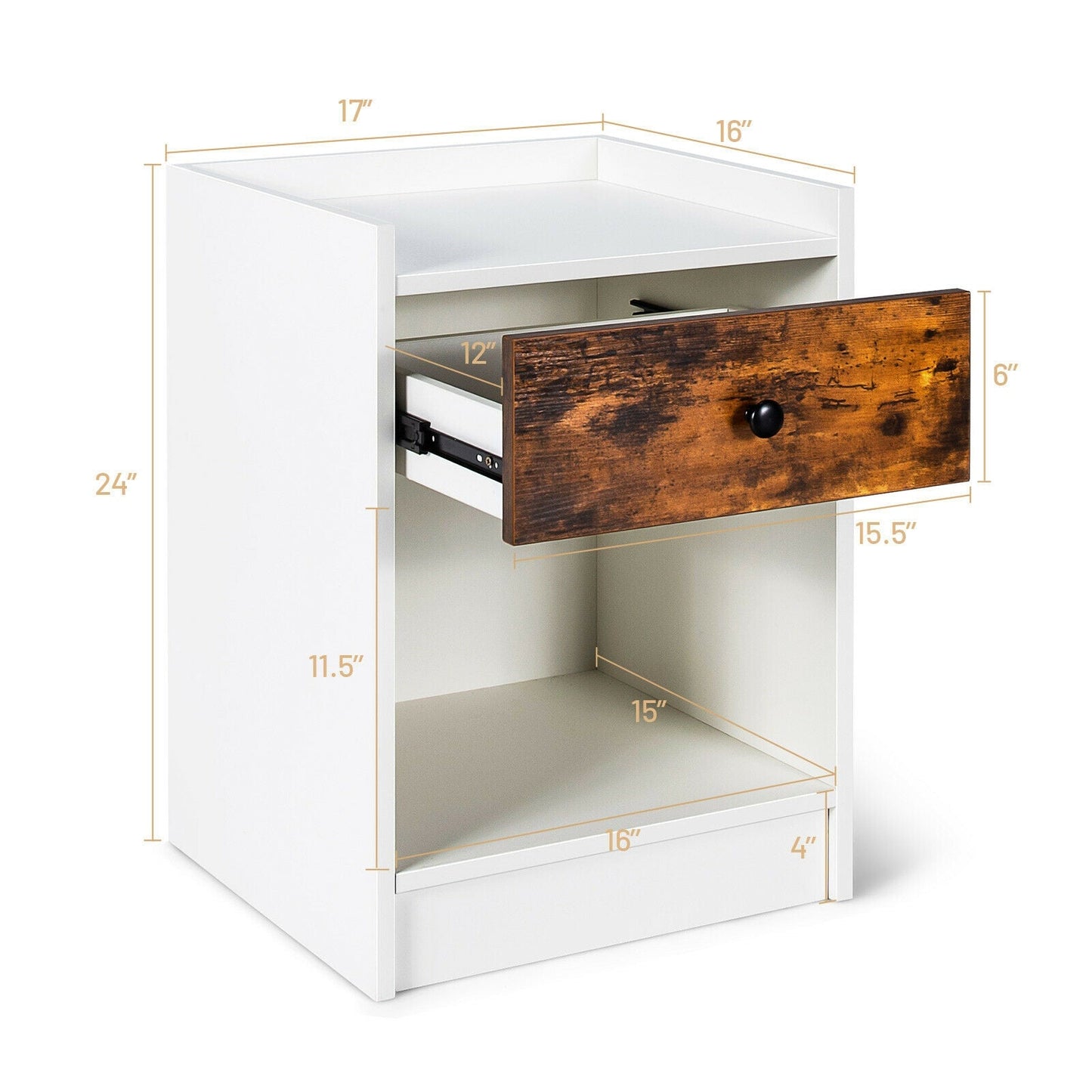 Juego de 2 mesitas de noche con cajón, mesa auxiliar con parte superior elevada - Blanco