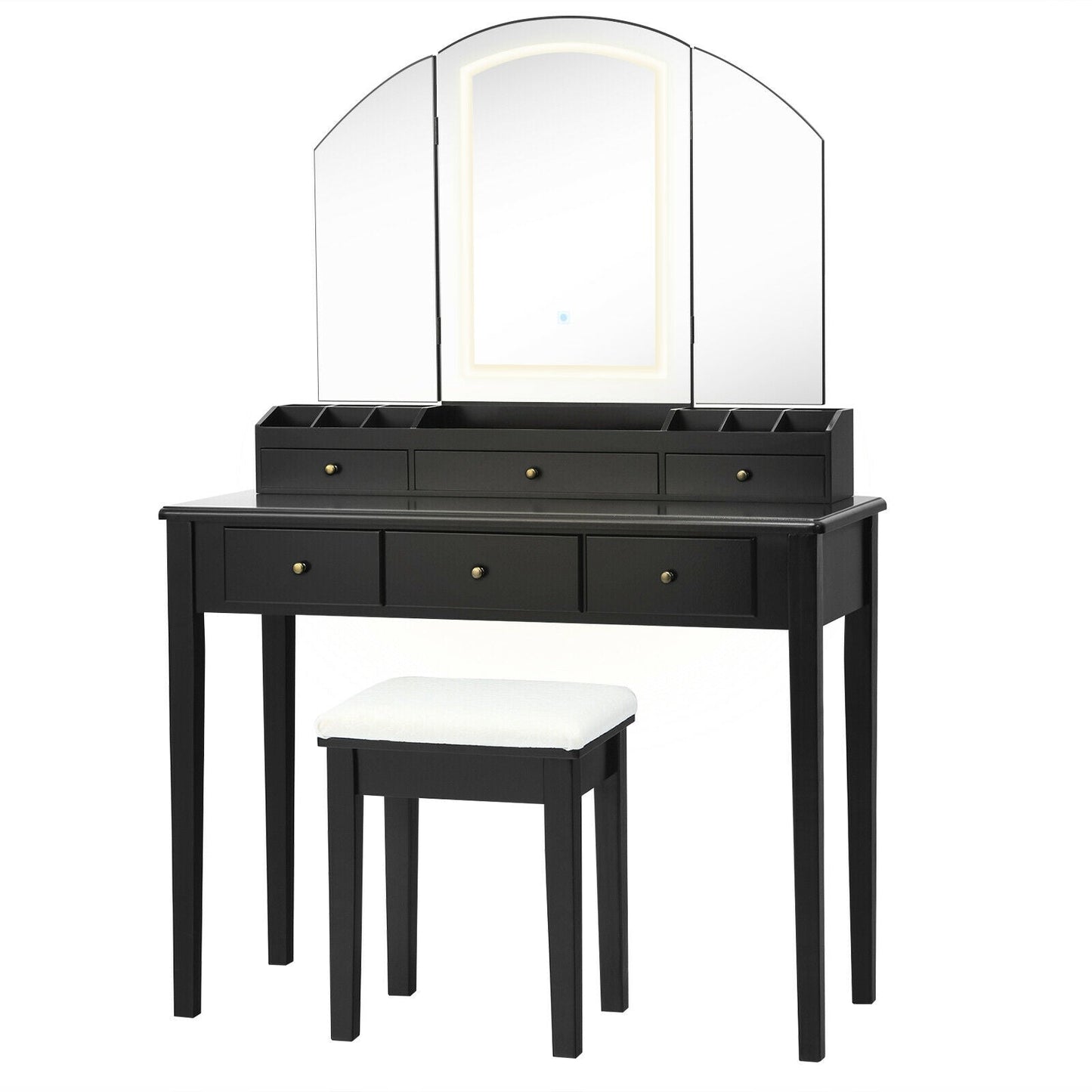 Juego de mesa y taburete para tocador con espejo triple iluminado grande - Negro