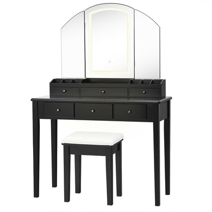 Juego de mesa y taburete para tocador con espejo triple iluminado grande - Negro