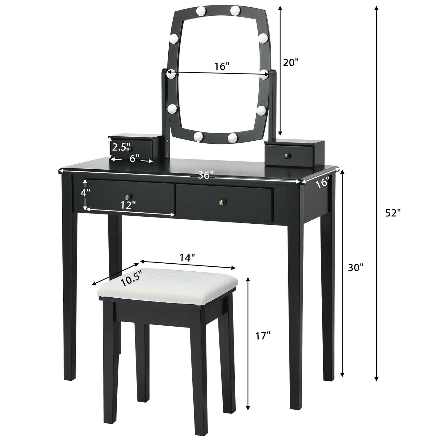 Tocador con Espejo Iluminado para Dormitorio y Vestidor - Negro