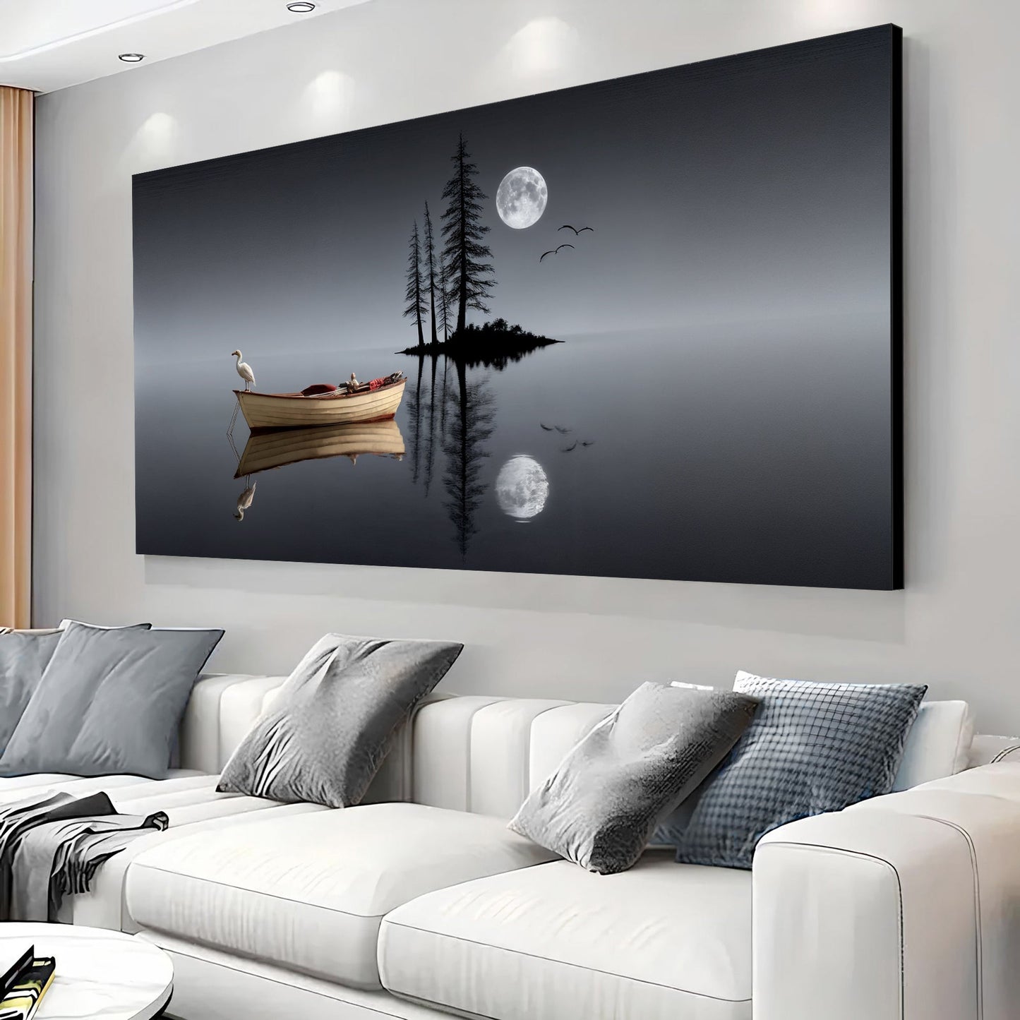 Modern Minimalist Night Lake Canvas by Tailored Canvases; moon and a boat on calm water on Tampa Home & Garden Store