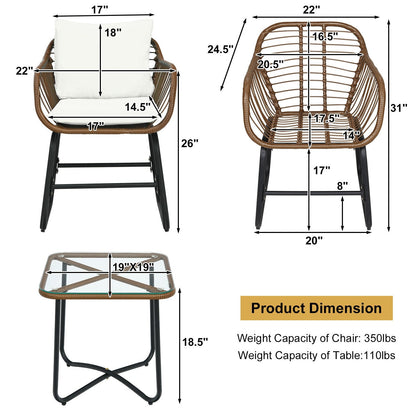 Juego de bistró de ratán para patio de 3 piezas, silla acolchada, mesa de cristal, para terraza, blanco