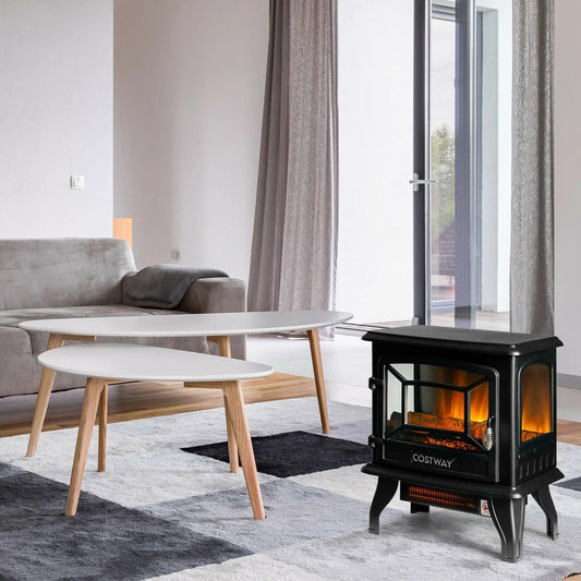 Freestanding black fireplace heater with dancing flame effect by Costway in living room on Tampa Home & Garden Store