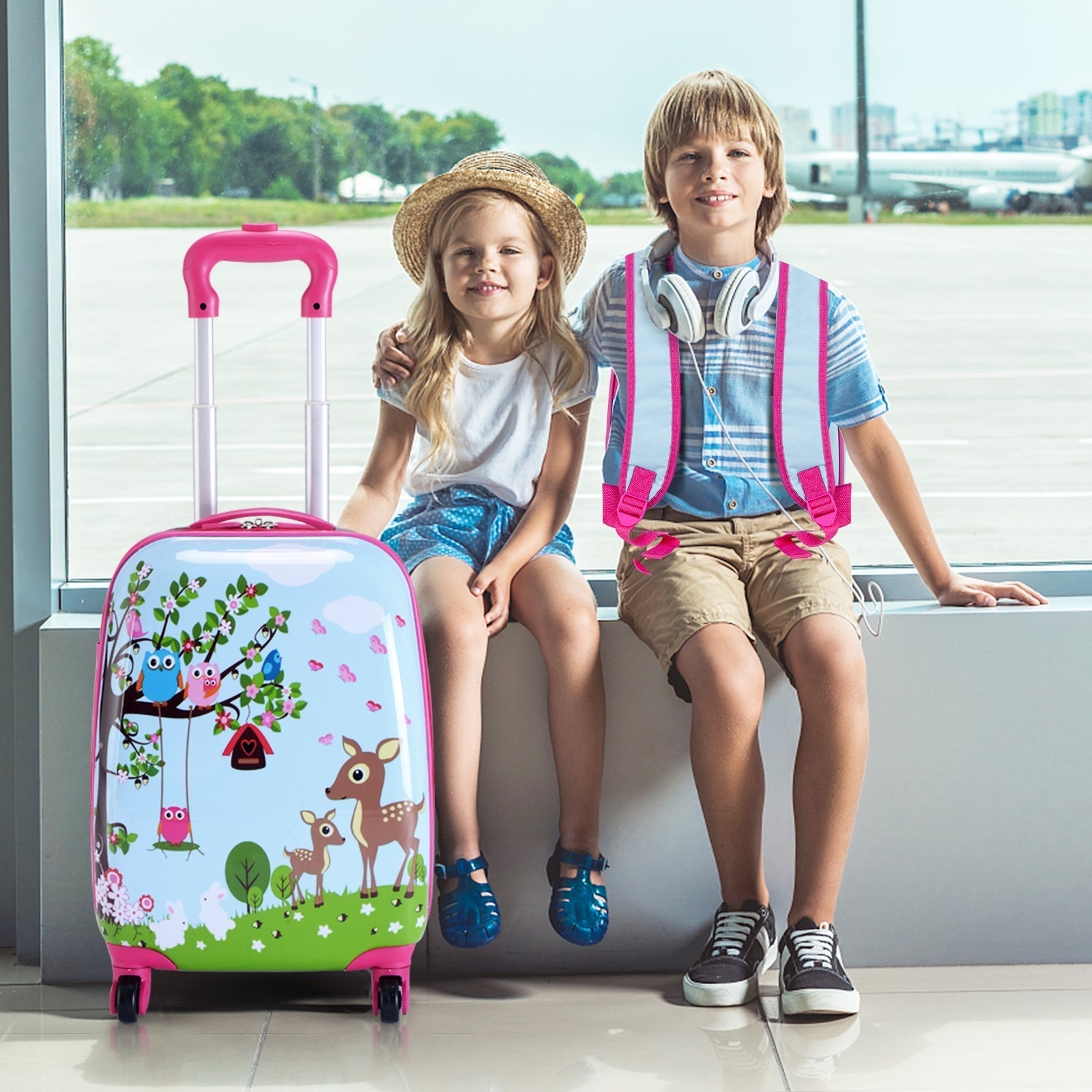GemGear 2-piece ABS kids luggage set: pink wheeled suitcase with animal print and blue backpack on Tampa Home & Garden Store