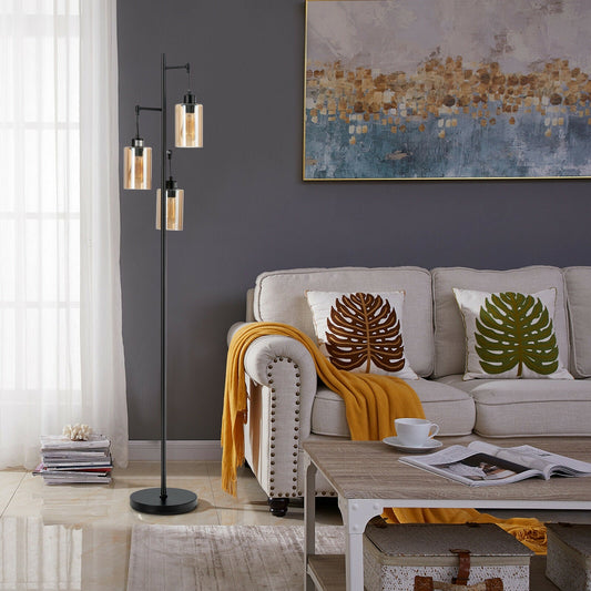 Retro Floor Lamp with 3-Head Hanging Amber Glass Shade - Tampa Home & Garden Store