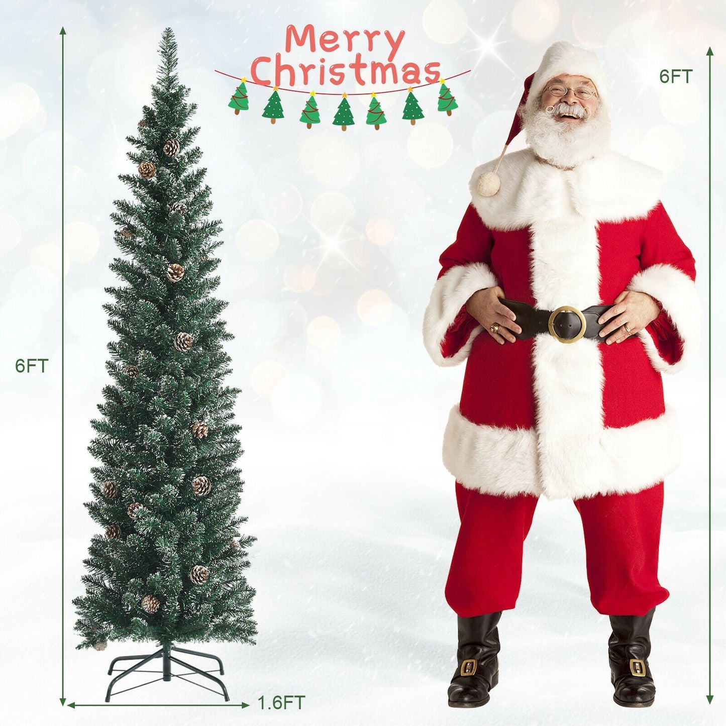 Snowy artificial pencil Christmas tree with pine cones and a red-suited figure DirectDeals, 6 ft tall on Tampa Home & Garden Store