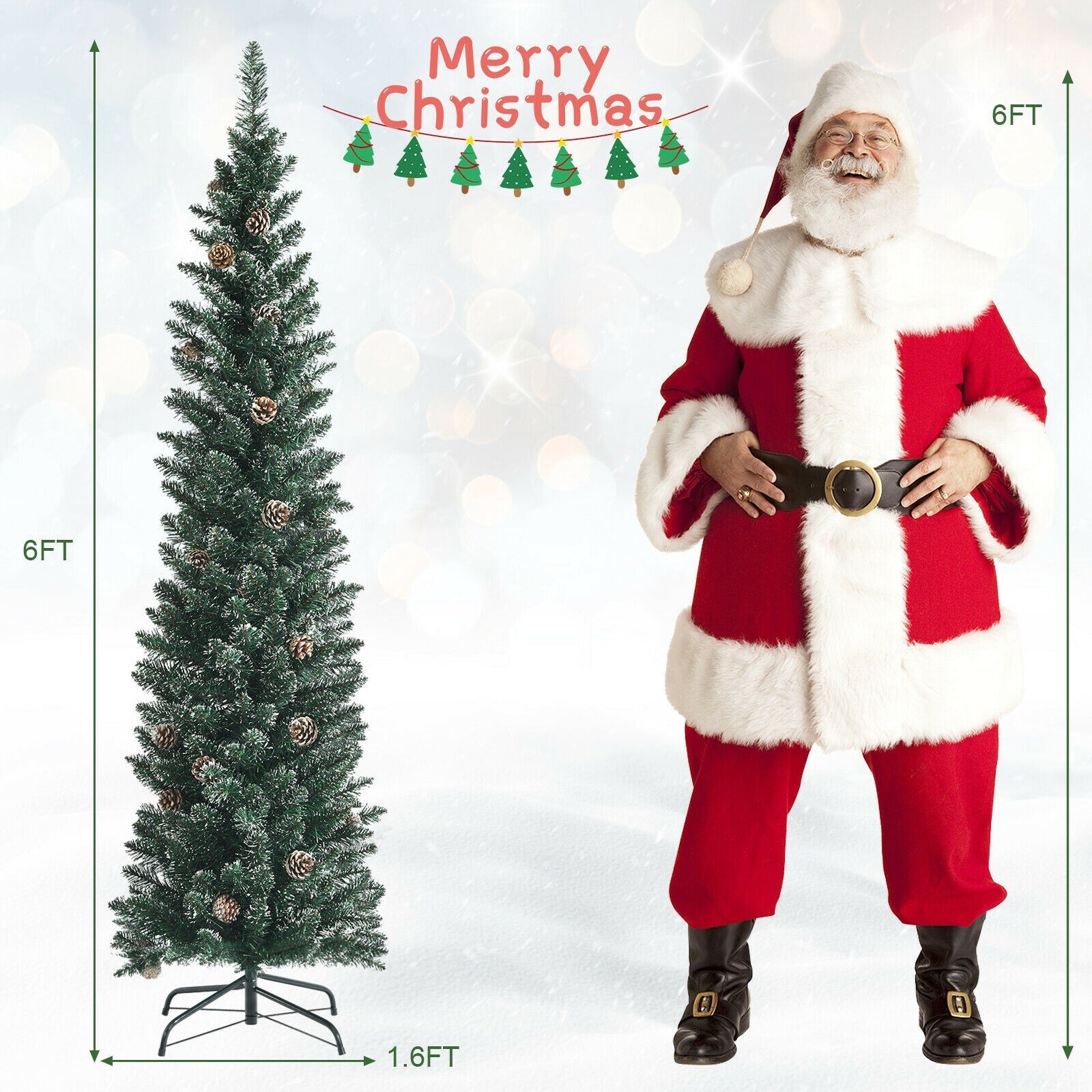 Snowy artificial pencil Christmas tree with pine cones and a red-suited figure DirectDeals, 6 ft tall on Tampa Home & Garden Store