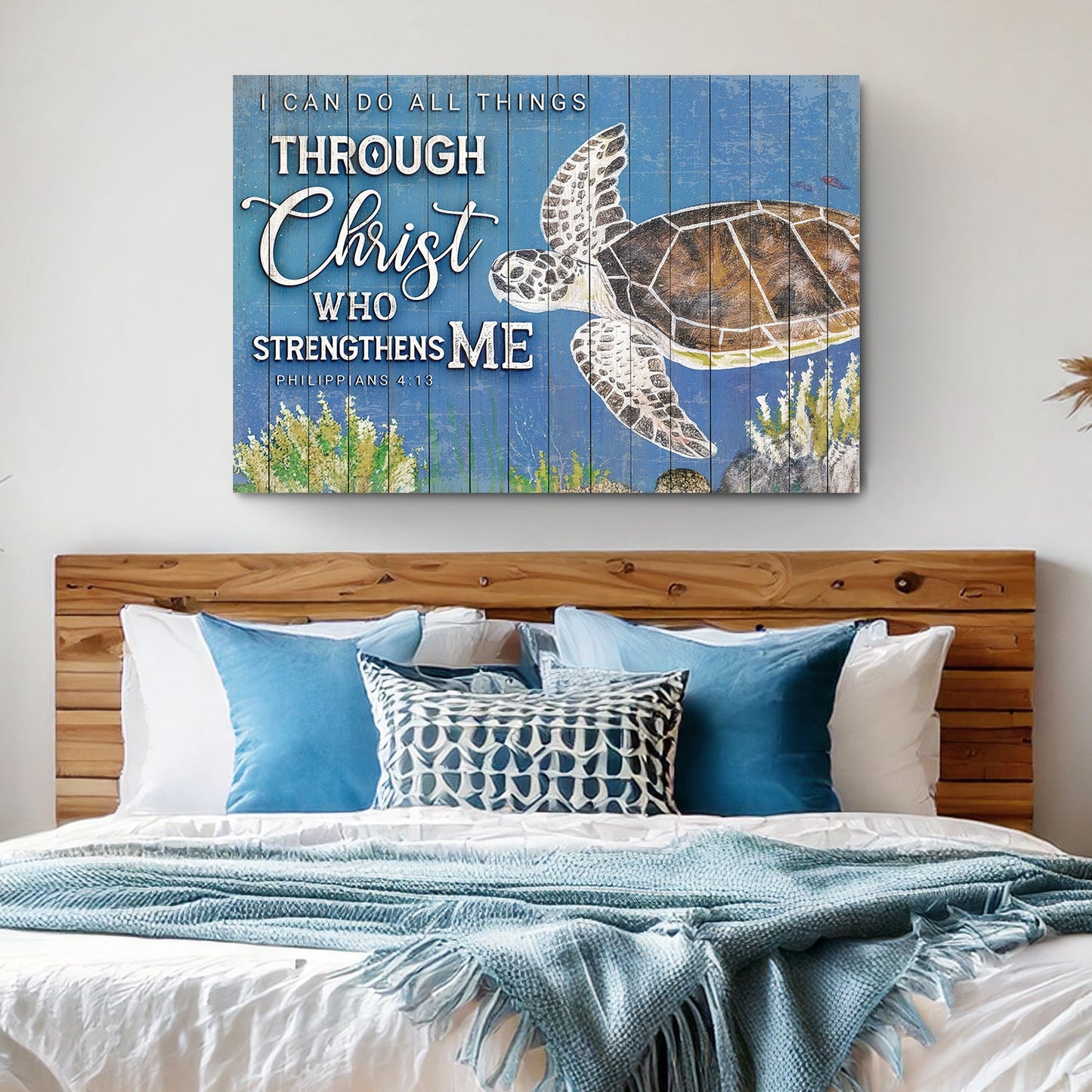 Tailored Canvases faith sign crafting canvas with blue wood planks, turtle, Phil 4:13 on Tampa Home & Garden Store