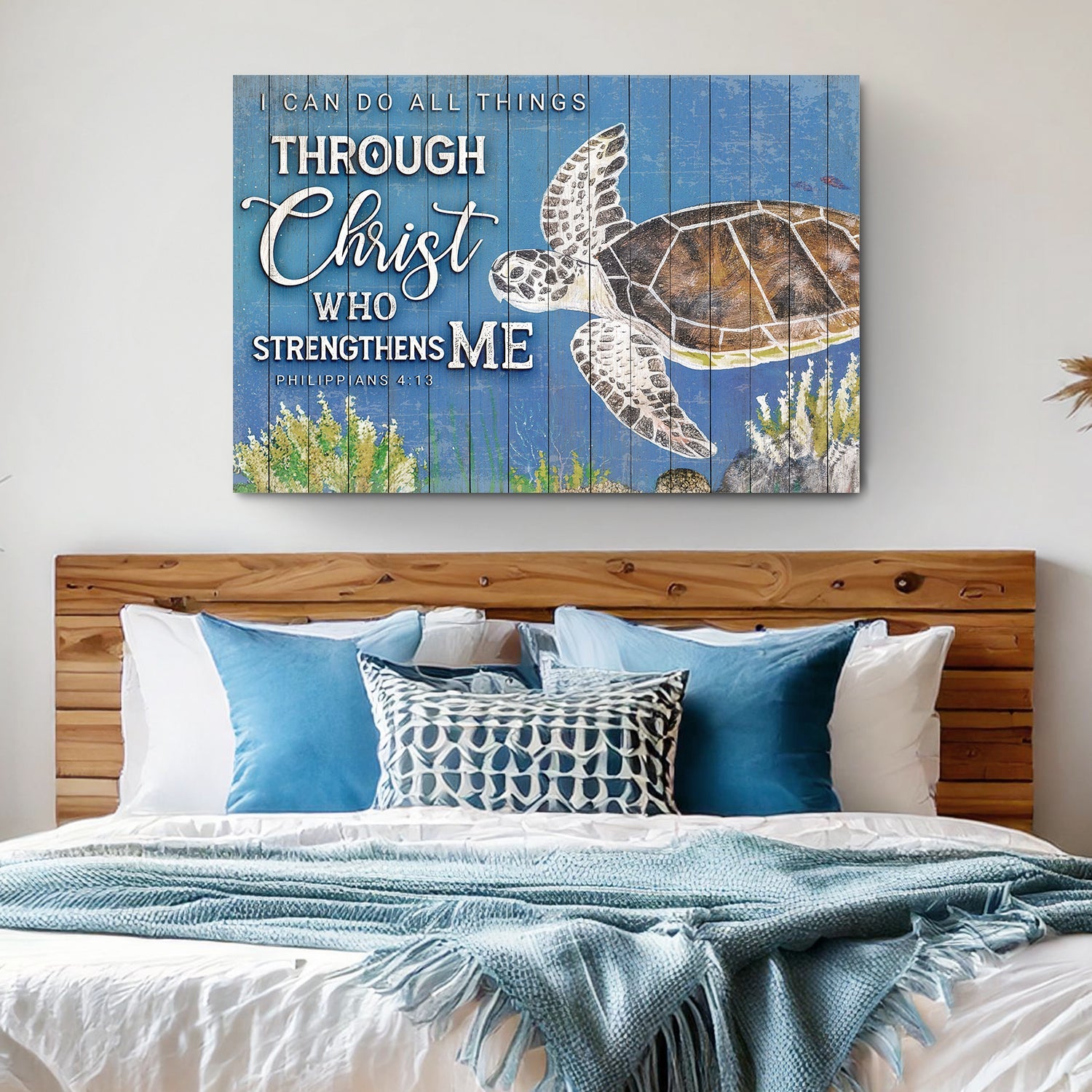 Tailored Canvases faith sign crafting canvas with blue wood planks, turtle, Phil 4:13 on Tampa Home & Garden Store