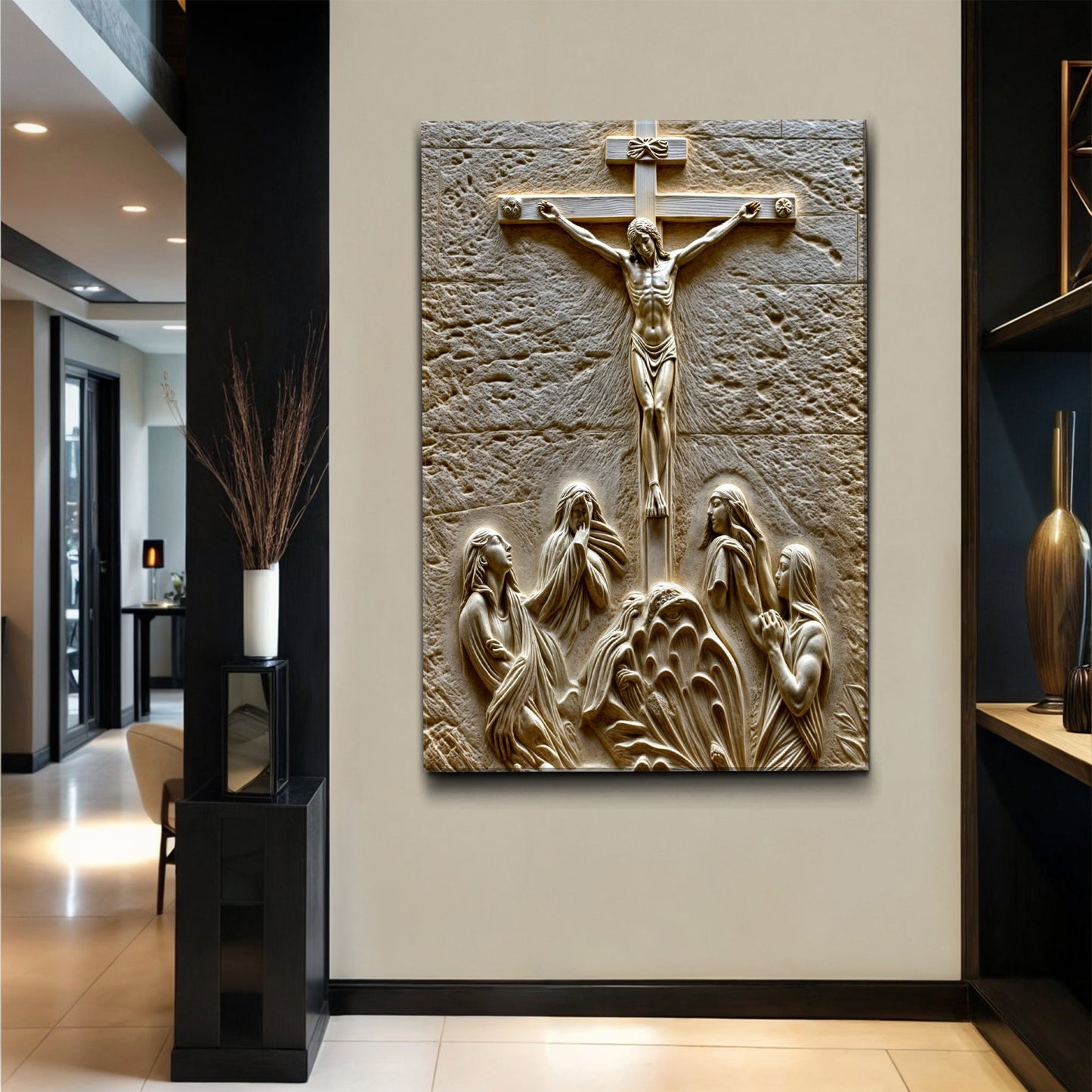 Three Cross Calvary Hill Canvas wall art with beige stone-relief by Tailored Canvases on Tampa Home & Garden Store