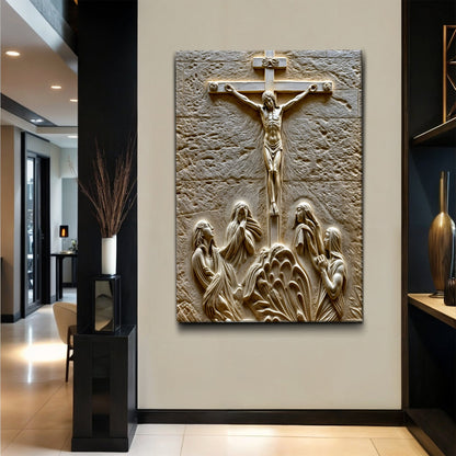 Three Cross Calvary Hill Canvas wall art with beige stone-relief by Tailored Canvases on Tampa Home & Garden Store