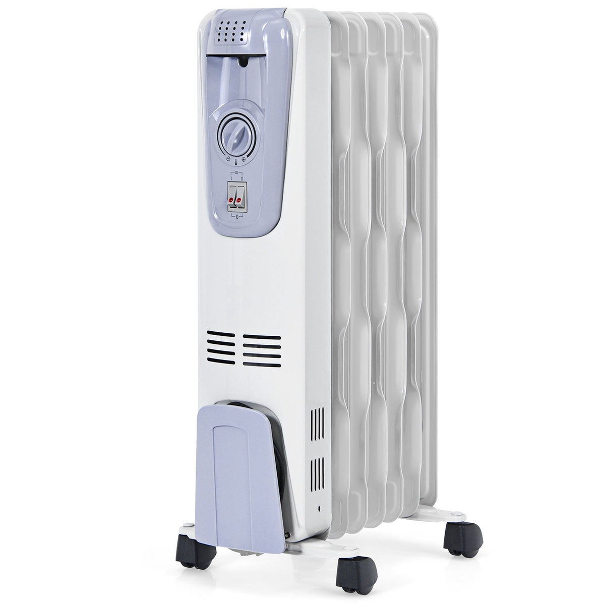DirectDeals 1500W oil filled radiator with thermostat, white body, blue panel, 4 wheels on Tampa Home & Garden Store