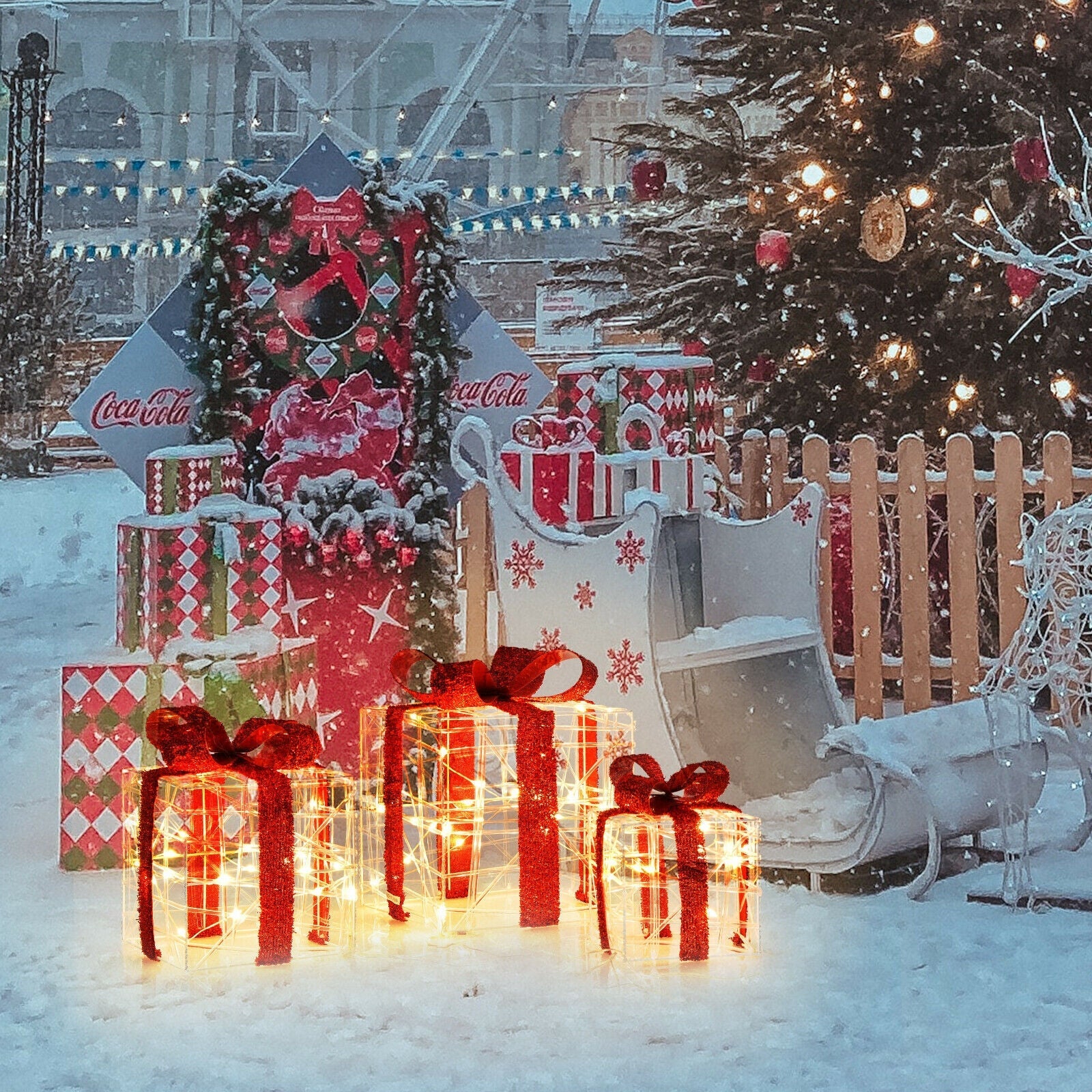 3-piece 60-LED lighted gift box set with red ribbons, indoor/outdoor wireframe lanterns on Tampa Home & Garden Store