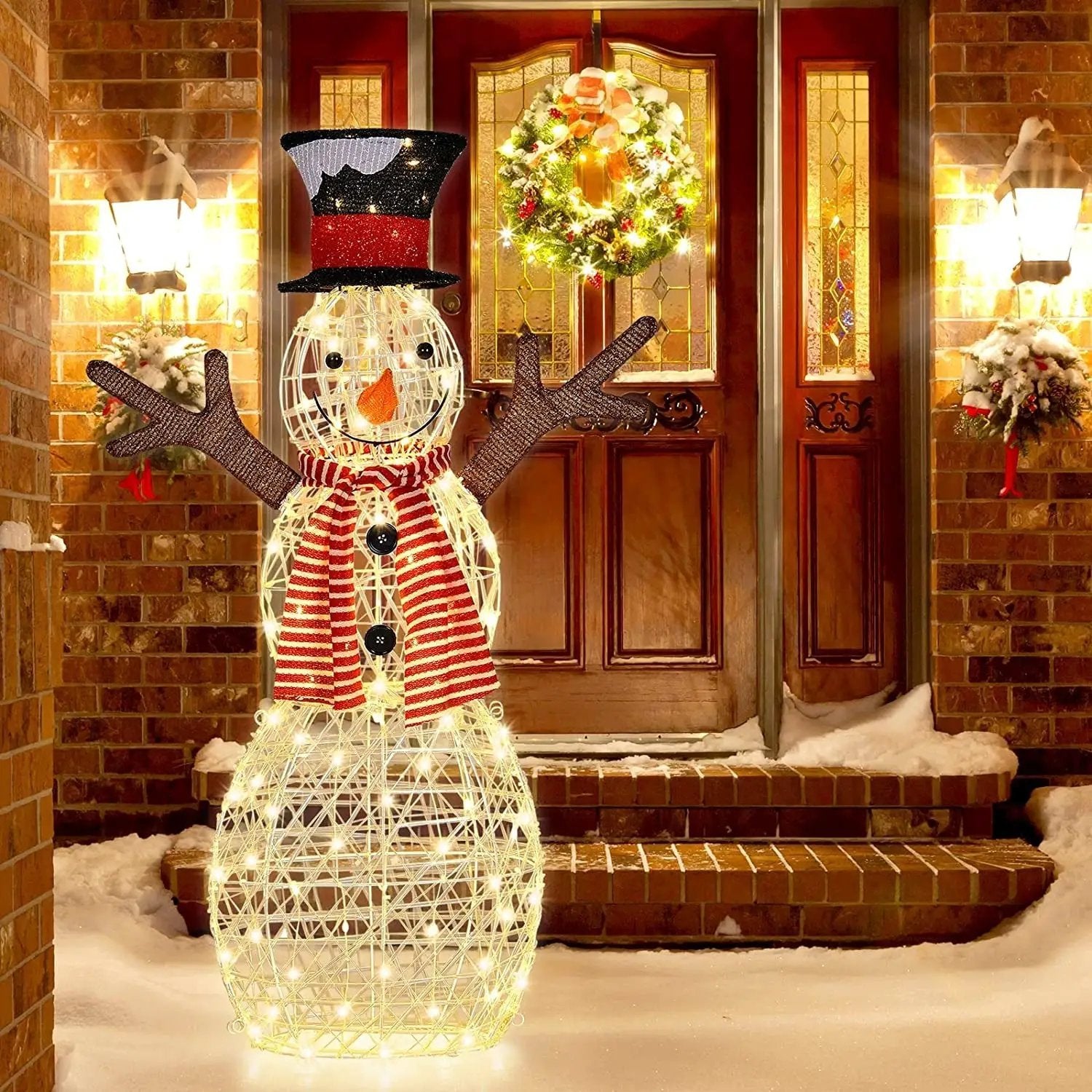 Snowman decoration by DirectDeals, lighted wireframe with 80 LEDs, hat and striped scarf on Tampa Home & Garden Store
