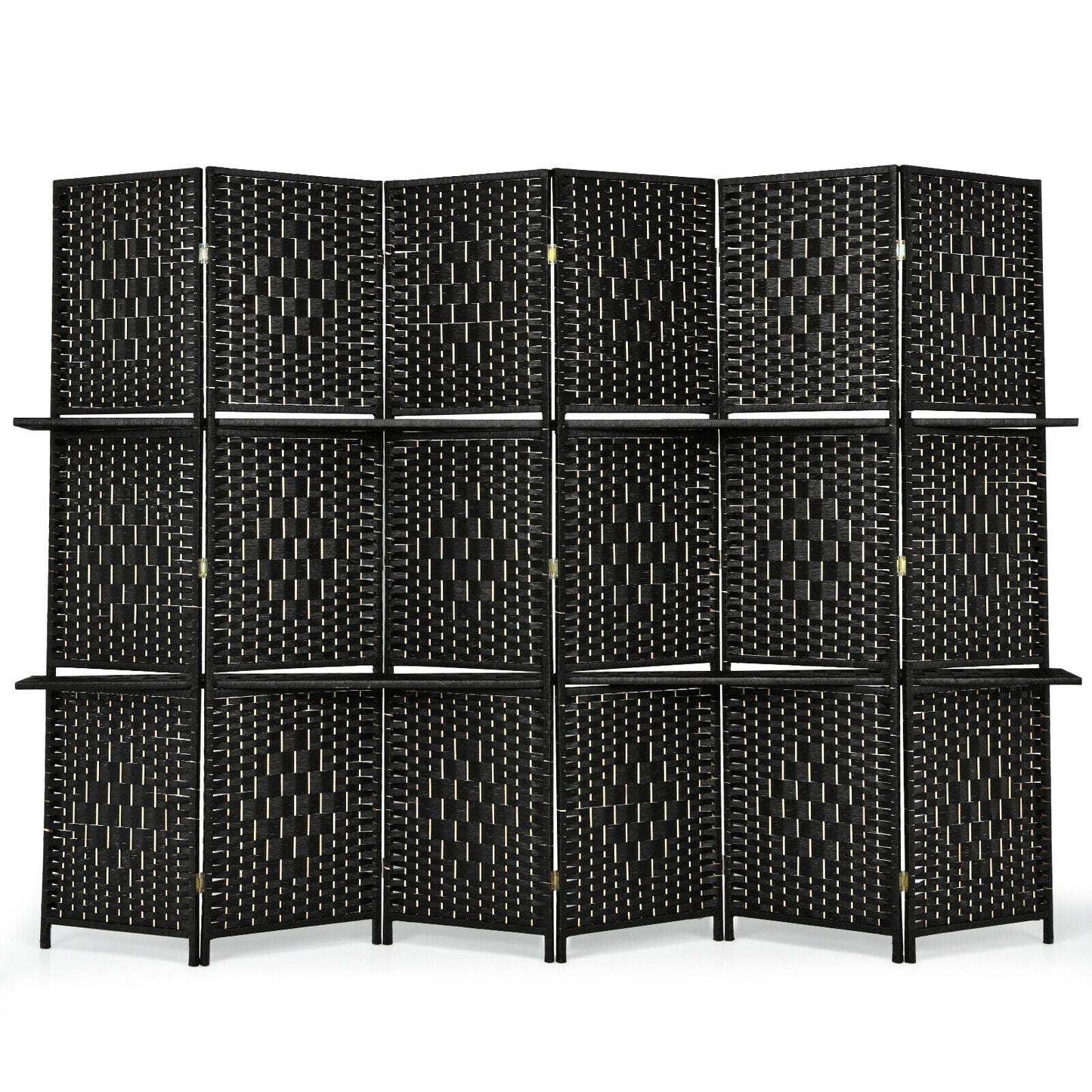 Divisor de Ambientes Plegable de Fibra con 6 Paneles y 2 Estantes de Exhibición - Marrón