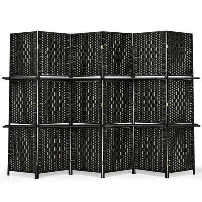 Divisor de Ambientes Plegable de Fibra con 6 Paneles y 2 Estantes de Exhibición - Marrón