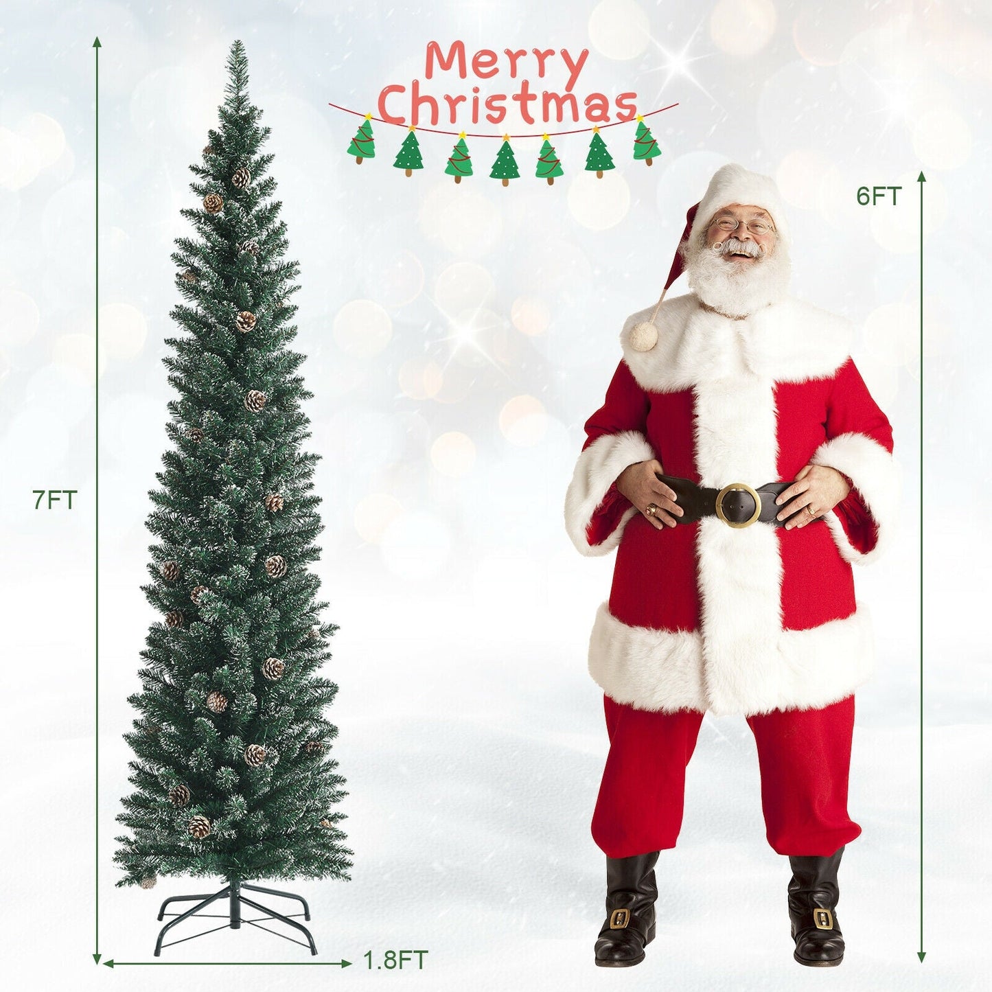 Snowy artificial pencil Christmas tree with pine cones, 7ft tall, slim evergreen on metal stand on Tampa Home & Garden Store
