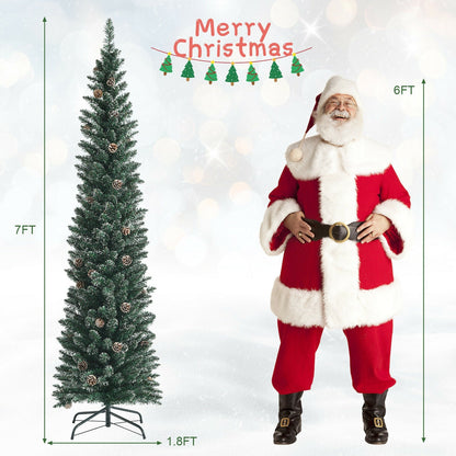 Snowy artificial pencil Christmas tree with pine cones, 7ft tall, slim evergreen on metal stand on Tampa Home & Garden Store