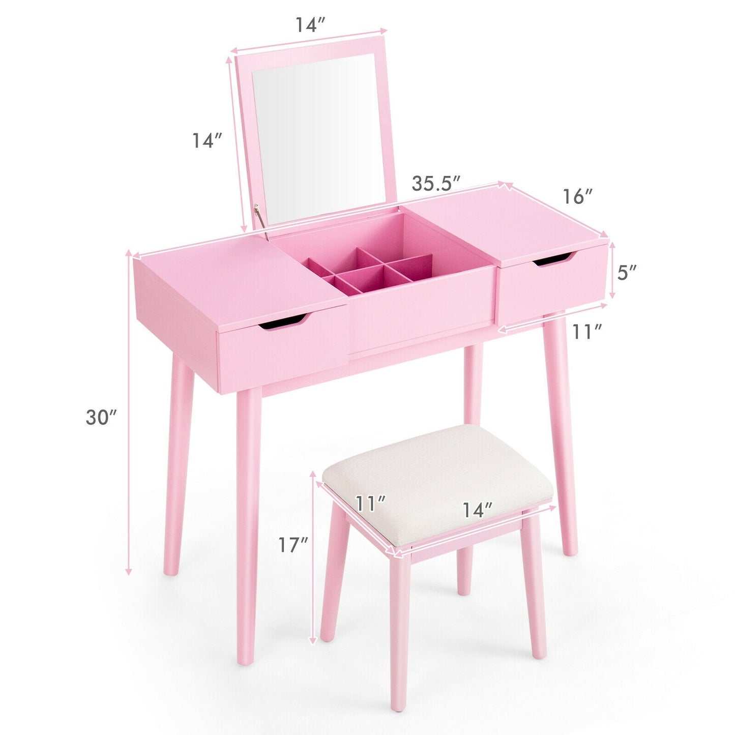 Juego de Tocador de Maquillaje con Espejo Abatible y 2 Cajones - Rosa