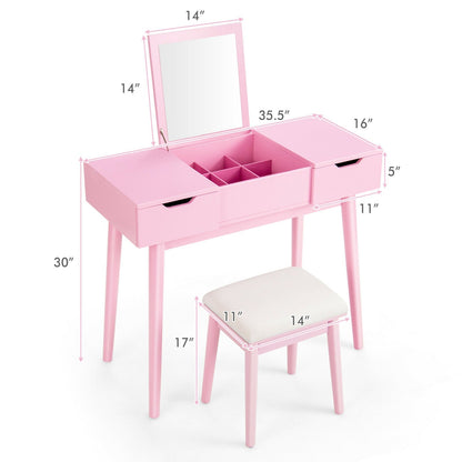 Juego de Tocador de Maquillaje con Espejo Abatible y 2 Cajones - Rosa