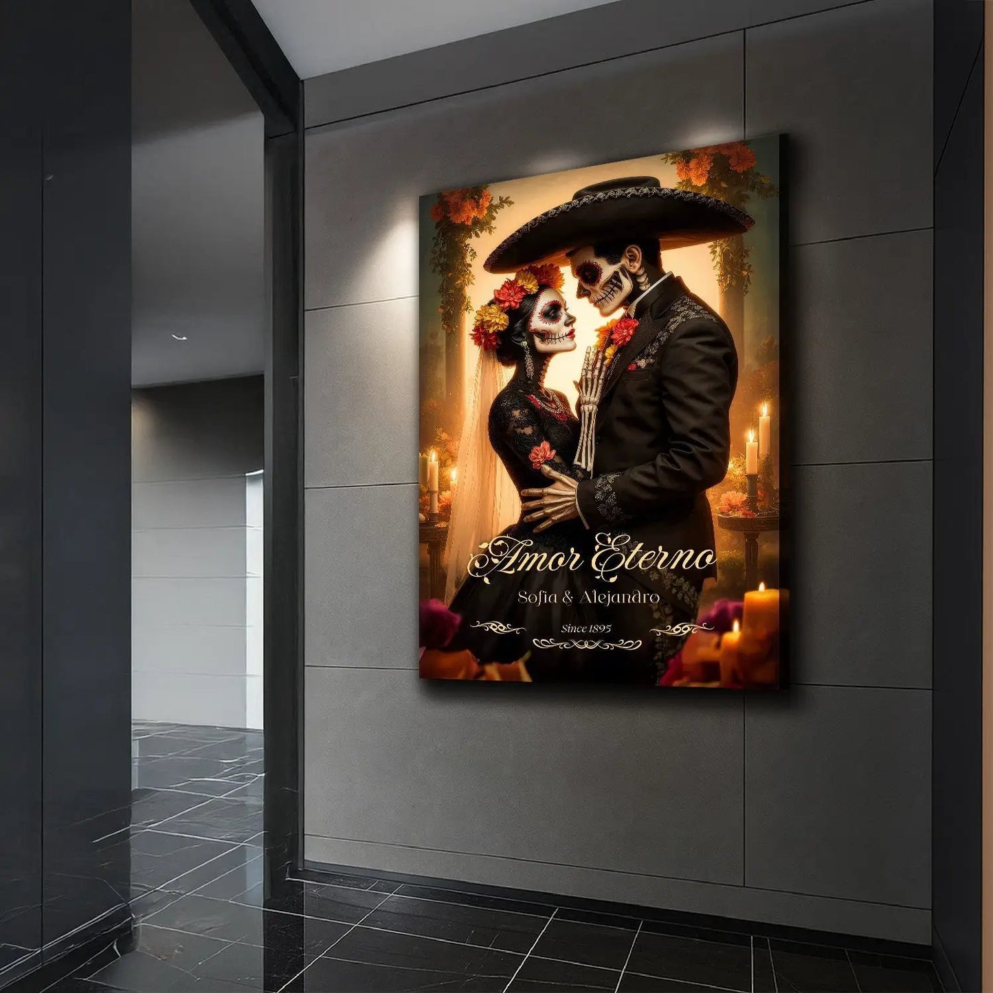 Personalized Eternal Love Halloween canvas by Tailored Canvases, Día de Muertos couple in black with candles on Tampa Home & Garden Store