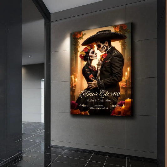 Personalized Eternal Love Halloween canvas by Tailored Canvases, Día de Muertos couple in black with candles on Tampa Home & Garden Store