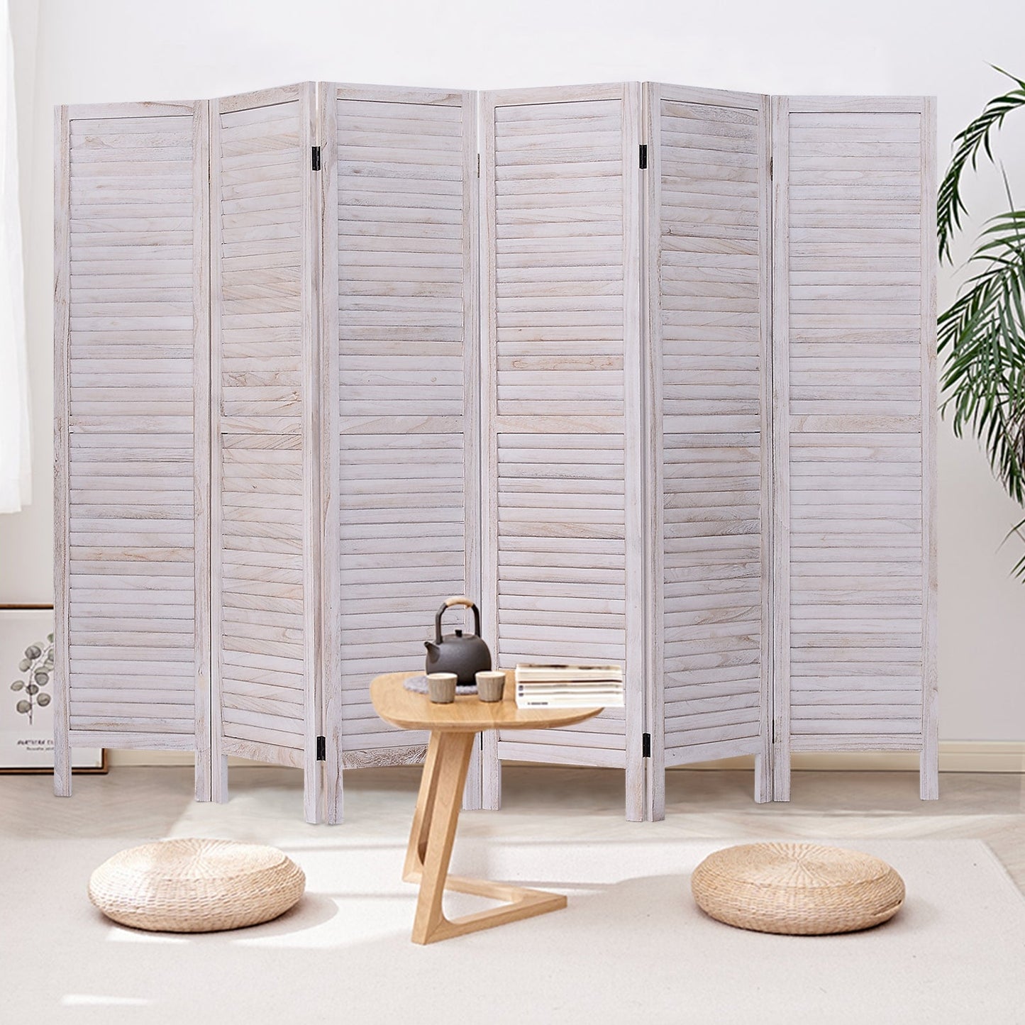 Pantalla divisoria de madera de 6 paneles estilo veneciano con lamas clásicas - Blanca